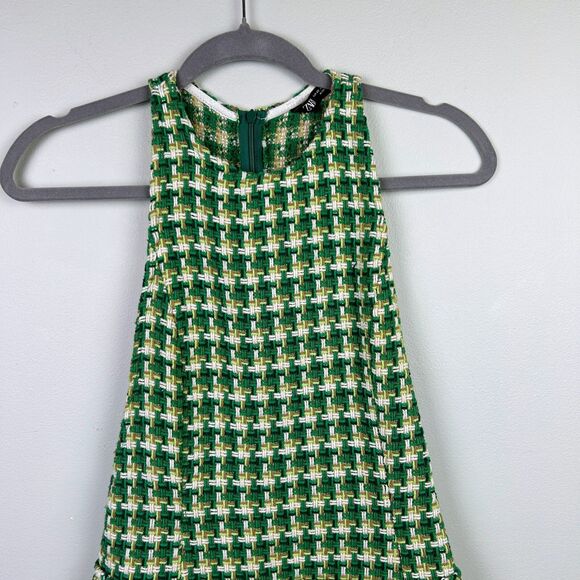 Zara Green Houndstooth Tweed Pinafore Mini Dress Sleeveless Textured Cotton XS - Picture 4 of 16